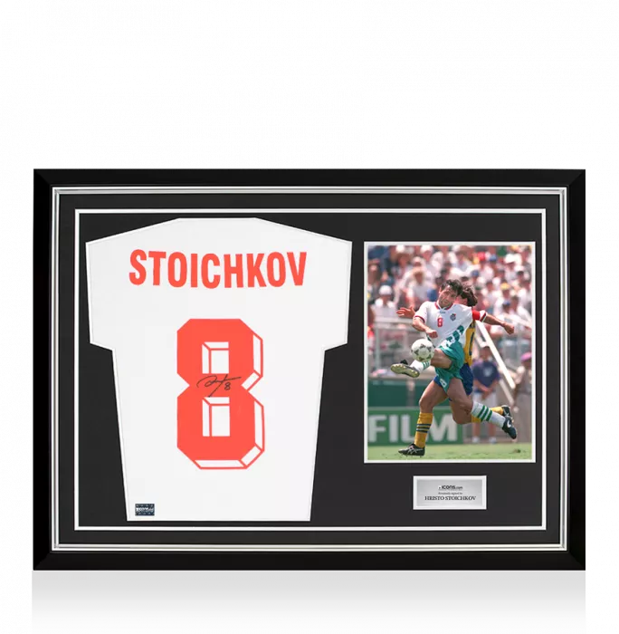 Hristo Stoichkov Back Signed Bulgaria T-Shirt with Fan Style Numbers In Hero Frame: Option 1