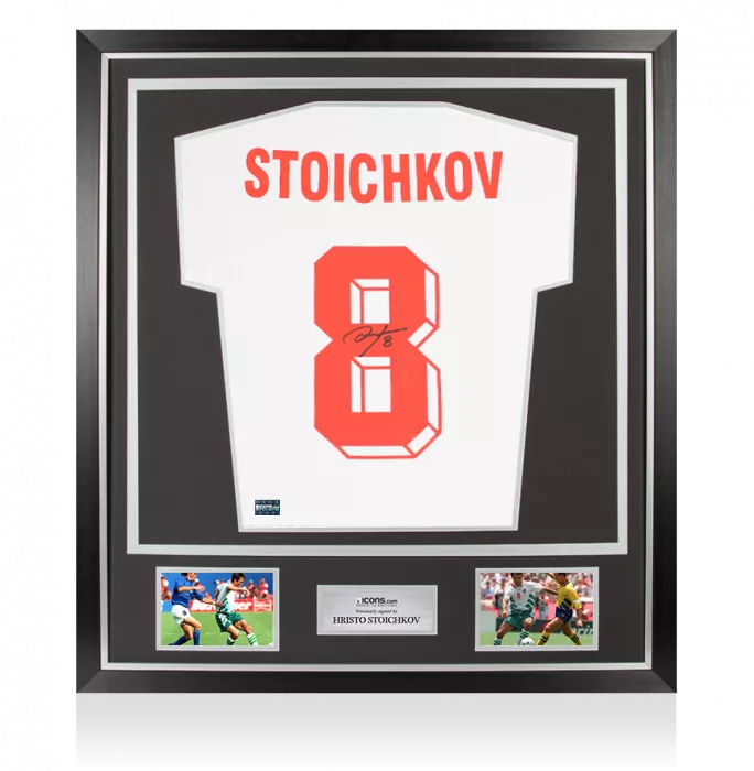 Hristo Stoichkov Back Signed Bulgaria T-Shirt with Fan Style Numbers In Classic Frame