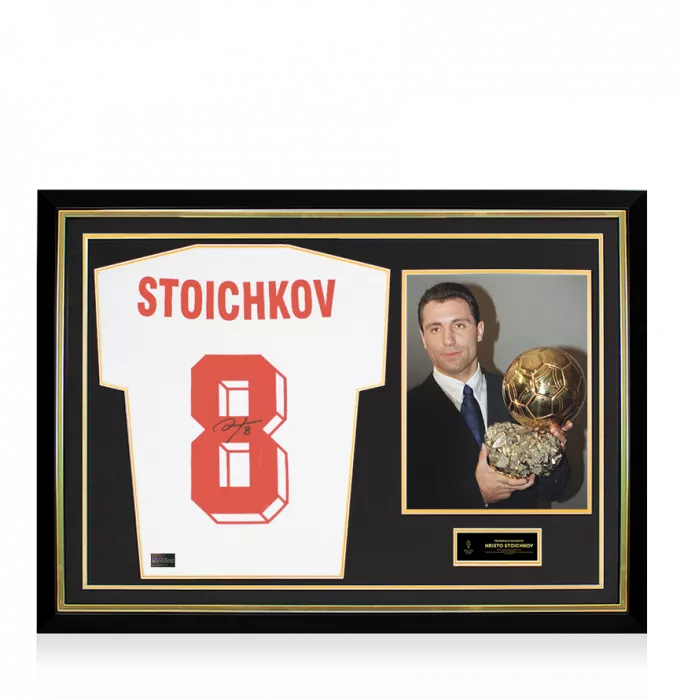 Hristo Stoichkov Official Ballon d'Or™ Back Signed and Hero Framed Bulgaria T-Shirt with Fan Style Numbers