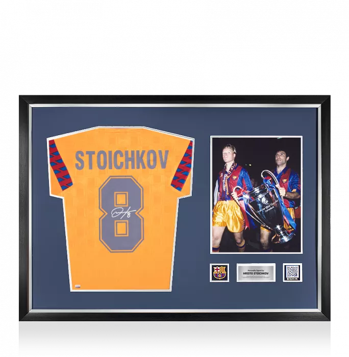 Hristo Stoichkov Official FC Barcelona Back Signed and Framed 1992 Away Shirt