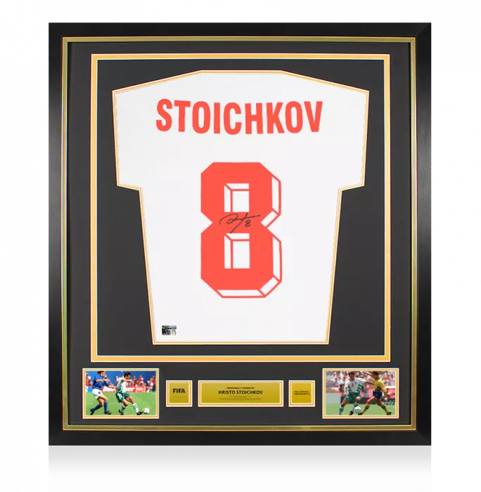 Hristo Stoichkov Official FIFA World Cup™ Back Signed and Framed Bulgaria Home Shirt with Fan Style Numbers