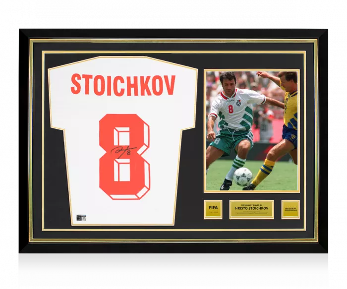Hristo Stoichkov Official FIFA World Cup™ Back Signed and Hero Framed Bulgaria Home Shirt with Fan Style Numbers