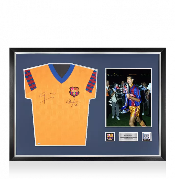 Hristo Stoichkov & Pep Guardiola Front Signed and Framed Official FC Barcelona 1992 Away Shirt
