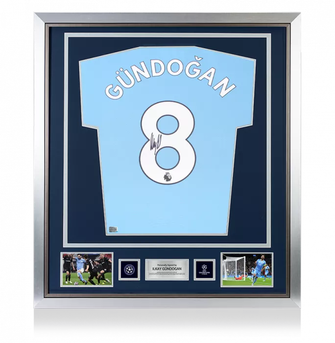 Ilkay Gundogan Official UEFA Champions League Back Signed and Framed Manchester City 2021-22 Home Shirt