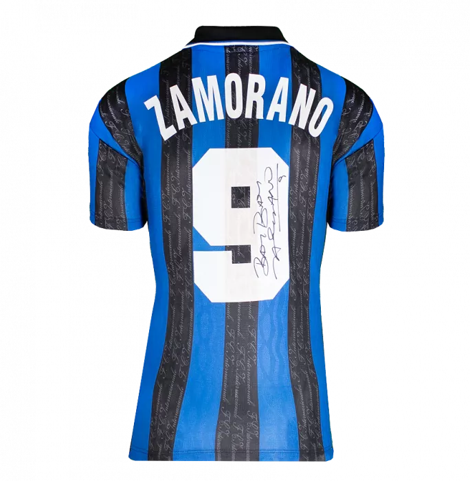 Ivan Zamorano Back Signed Internazionale 1997-98 Home Shirt With Fan Style Numbers In Deluxe Packaging