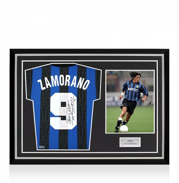 Ivan Zamorano Back Signed Internazionale 1997-98 Home Shirt with Fan Style Numbers In Hero Frame: Option 1