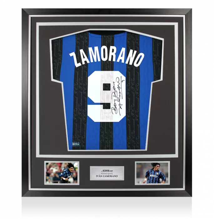 Ivan Zamorano Back Signed Internazionale 1997-98 Home Shirt with Fan Style Numbers In Classic Frame