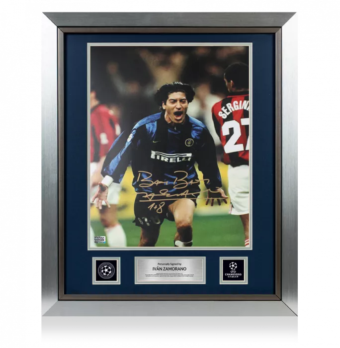Ivan Zamorano Official UEFA Champions League Signed and Framed Internazionale Photo in Gold: Milan Derby Goal