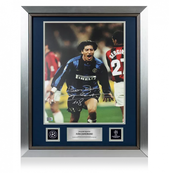 Ivan Zamorano Official UEFA Champions League Signed and Framed Internazionale Photo in Silver: Milan Derby Goal