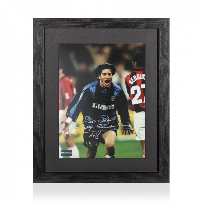 Ivan Zamorano Signed Internazionale Photo In Black Wooden Frame: Milan Derby Goal - Signed In Silver