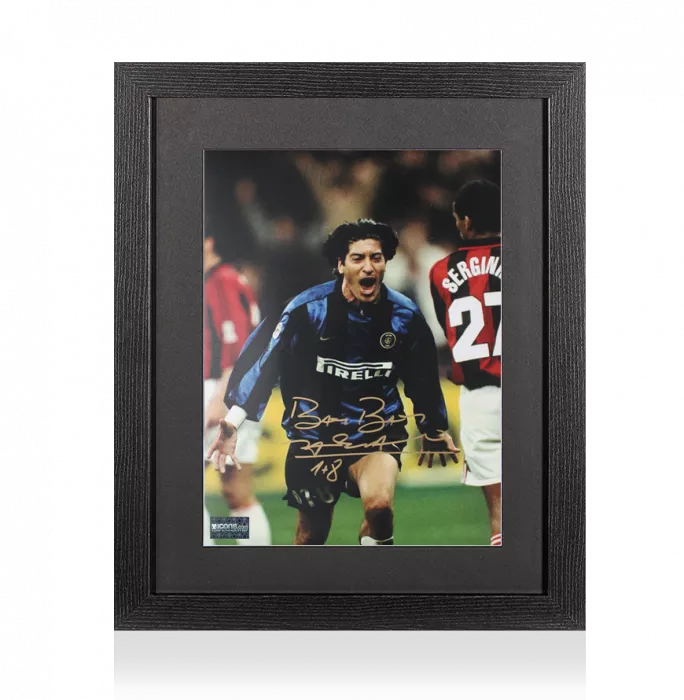 Ivan Zamorano Signed Internazionale Photo In Black Wooden Frame: Milan Derby Goal