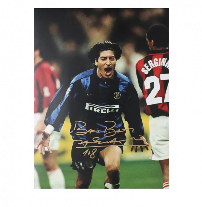 Ivan Zamorano Signed Internazionale Photo In Premium Photo Frame: Milan Derby Goal - Signed In Gold