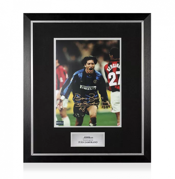 Ivan Zamorano Signed Internazionale Photo In Premium Photo Frame: Milan Derby Goal - Signed in Gold