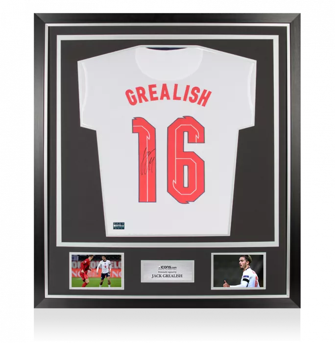 Jack Grealish Back Signed England 2020 Home Shirt With Fan Style Numbers In Classic Frame