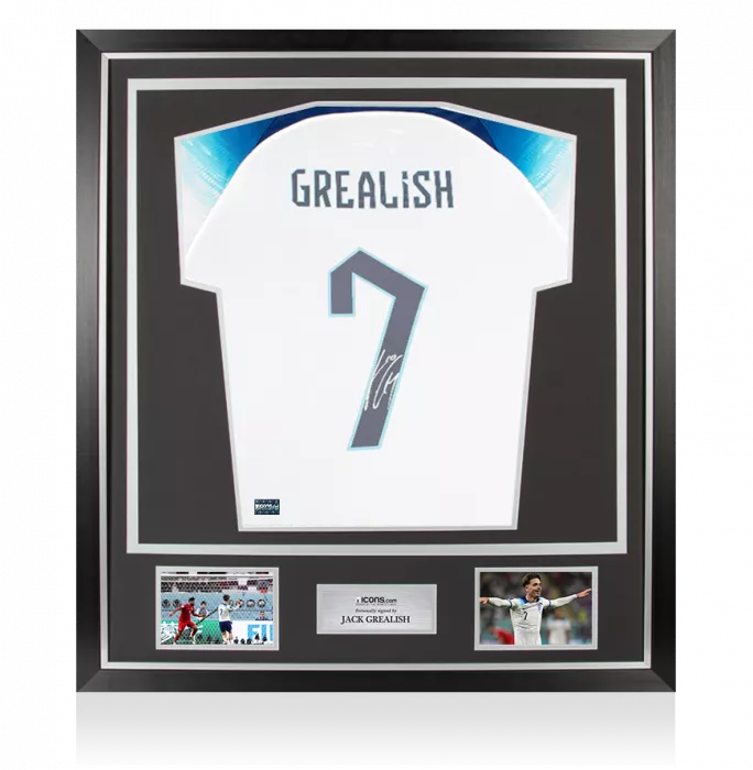 Jack Grealish Back Signed England 2022-23 Home Shirt with Fan Style Numbers In Classic Frame