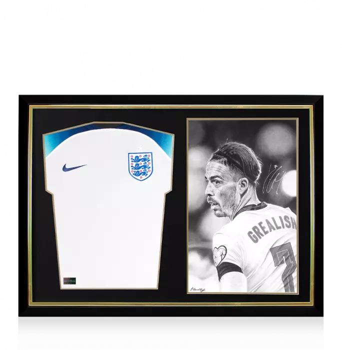 Jack Grealish England 2022 Home Shirt And Signed Original Artwork In Hero Frame: Limited Edition 1/1