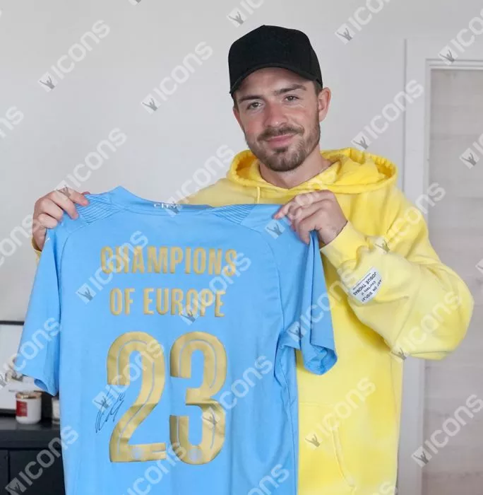 Jack Grealish & Erling Haaland Back Signed Manchester City 2023-24 Home Shirt: Champions Of Europe Edition