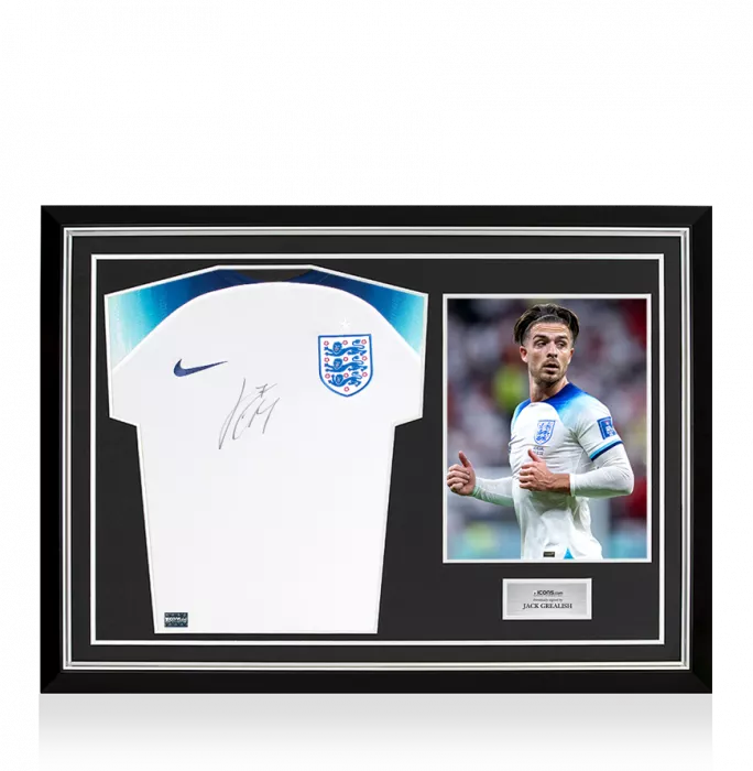 Jack Grealish Front Signed England 2022 Home Shirt In Hero Frame: Option 1