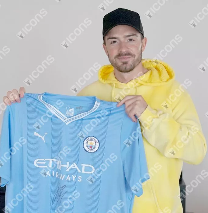 Jack Grealish Front Signed Manchester City 2023-24 Home Shirt In Hero Frame: Option 1