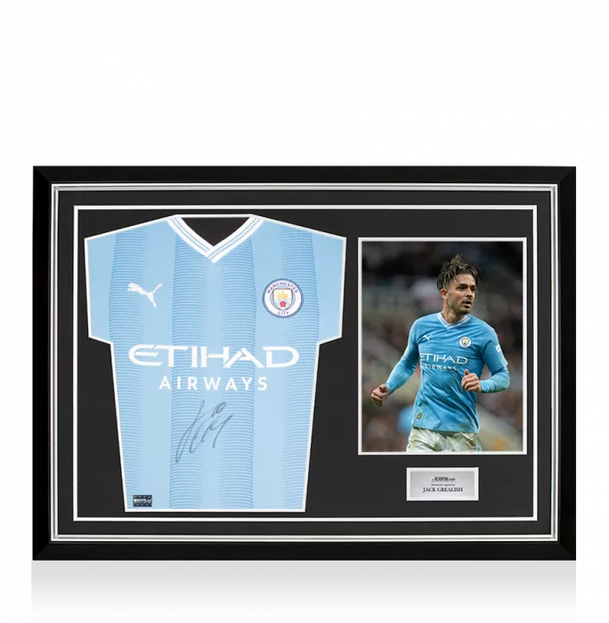 Jack Grealish Front Signed Manchester City 2023-24 Home Shirt In Hero Frame: Option 1