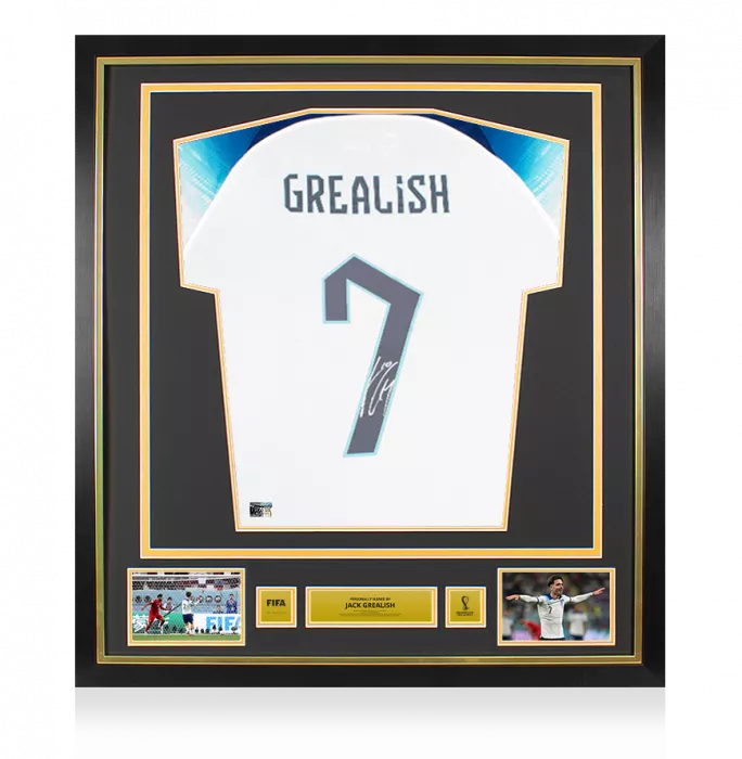 Jack Grealish Official 2022 FIFA World Cup™ Back Signed and Framed England 2022-23 Home Shirt with Fan Style Numbers
