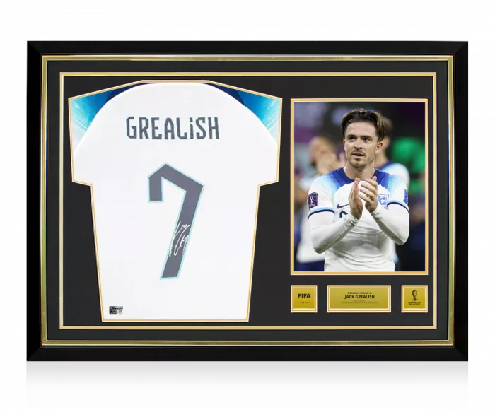 Jack Grealish Official 2022 FIFA World Cup™ Back Signed and Hero Framed England 2022-23 Home Shirt with Fan Style Numbers