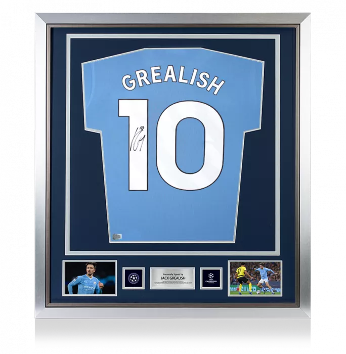 Jack Grealish Official UEFA Champions League Back Signed And Framed Manchester City 2024-25 Home Shirt