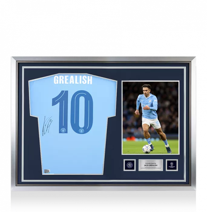 Jack Grealish Official UEFA Champions League Back Signed And Hero Framed Manchester City 2023-24 Home Shirt