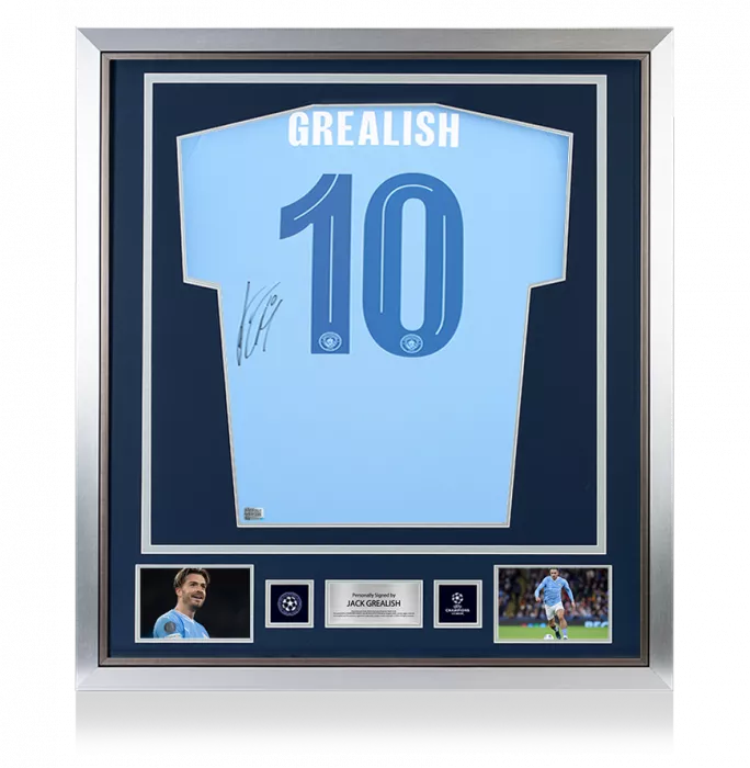Jack Grealish Official UEFA Champions League Back Signed And Framed Manchester City 2023-24 Home Shirt