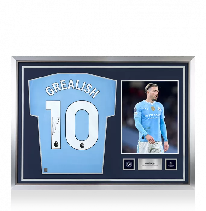 Jack Grealish Official UEFA Champions League Back Signed and Hero Framed Manchester City 2023-24 Home Shirt