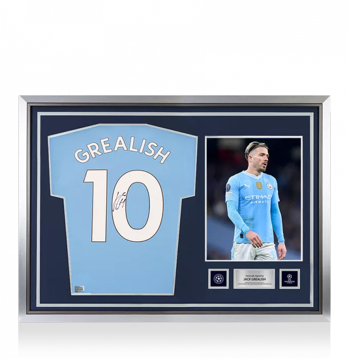 Jack Grealish Official UEFA Champions League Back Signed and Hero Framed Manchester City 2024-25 Home Shirt with Fan Style Numbers