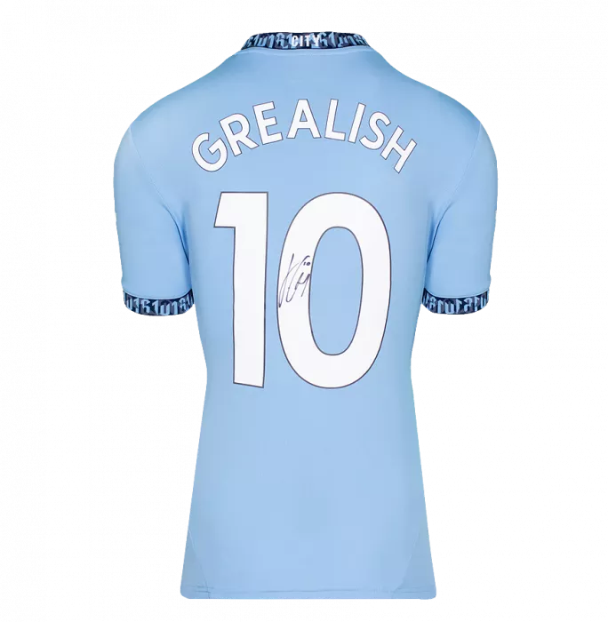 Jack Grealish Official UEFA Champions League Back Signed And Framed Manchester City 2024-25 Home Shirt With Fan Style Numbers