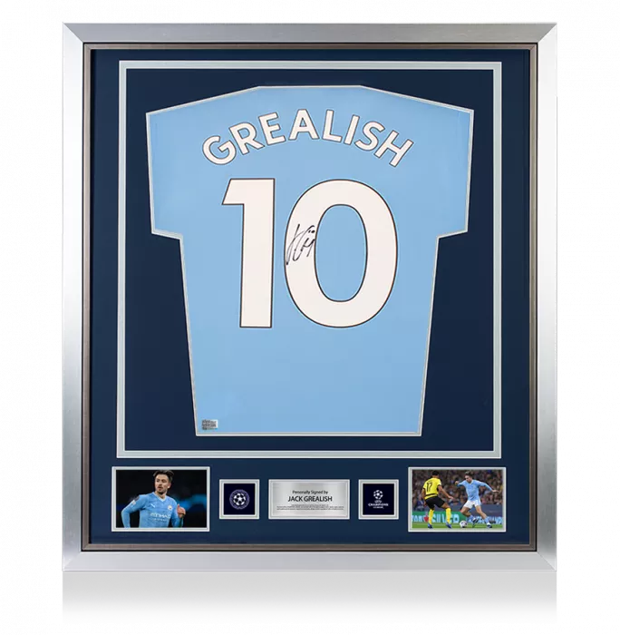 Jack Grealish Official UEFA Champions League Back Signed and Framed Manchester City 2024-25 Home Shirt with Fan Style Numbers