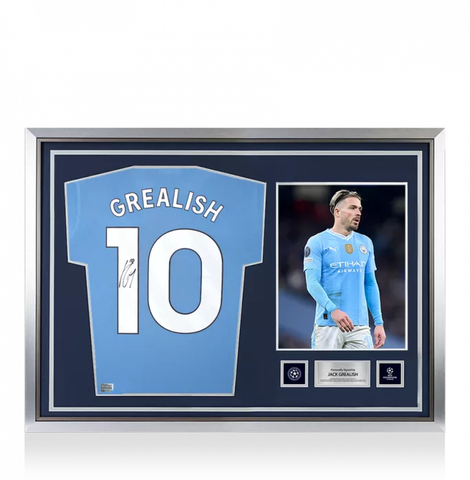 Jack Grealish Official UEFA Champions League Back Signed and Hero Framed Manchester City 2024-25 Home Shirt