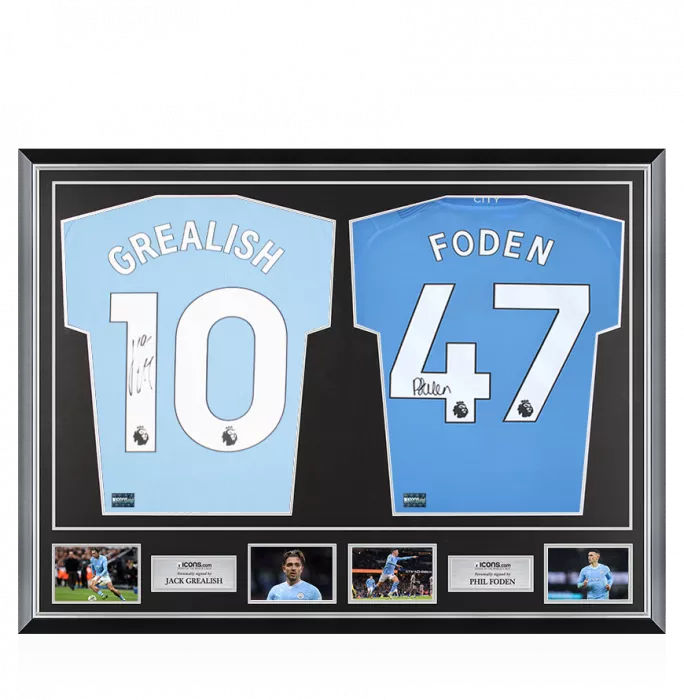 Jack Grealish & Phil Foden Back Signed Manchester City 2023-24 Home Shirts In Classic Dual Frame