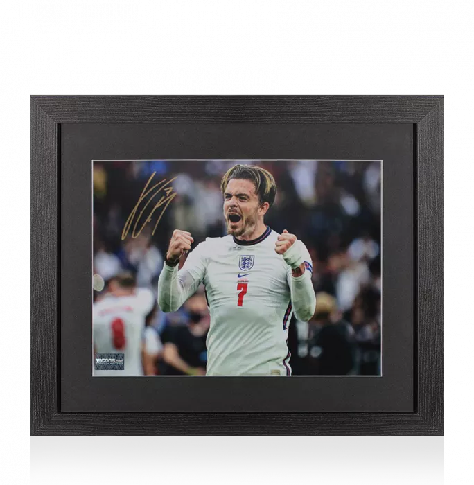 Jack Grealish Signed England Photo In Black Wooden Frame: Celebration