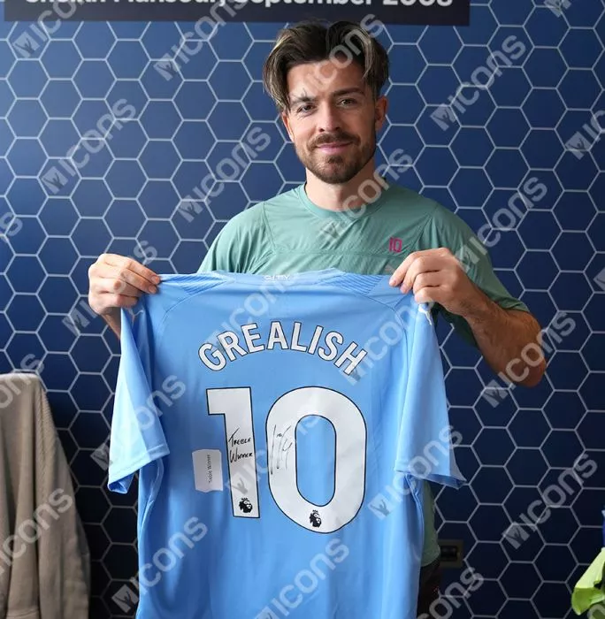 Jack Grealish Signed Manchester City 2023-24 Home Shirt: Treble Winner Inscription In Classic Frame