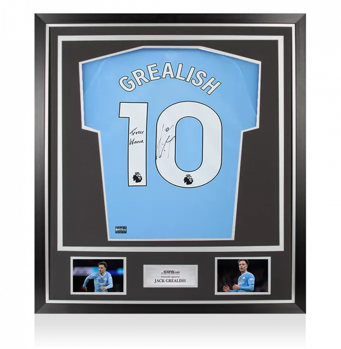 Jack Grealish Signed Manchester City 2023-24 Home Shirt: Treble Winner Inscription In Classic Frame