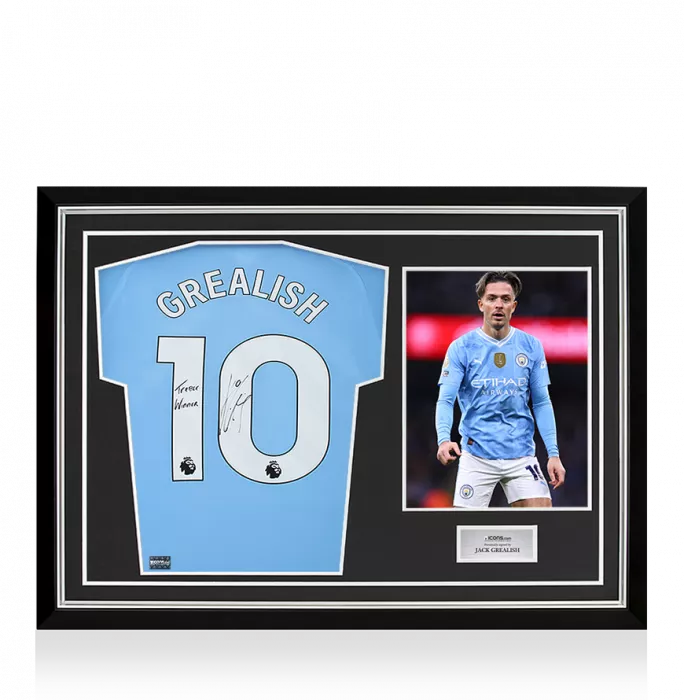 Jack Grealish Signed Manchester City 2023-24 Home Shirt: Treble Winner Inscription In Hero Frame: Option 1