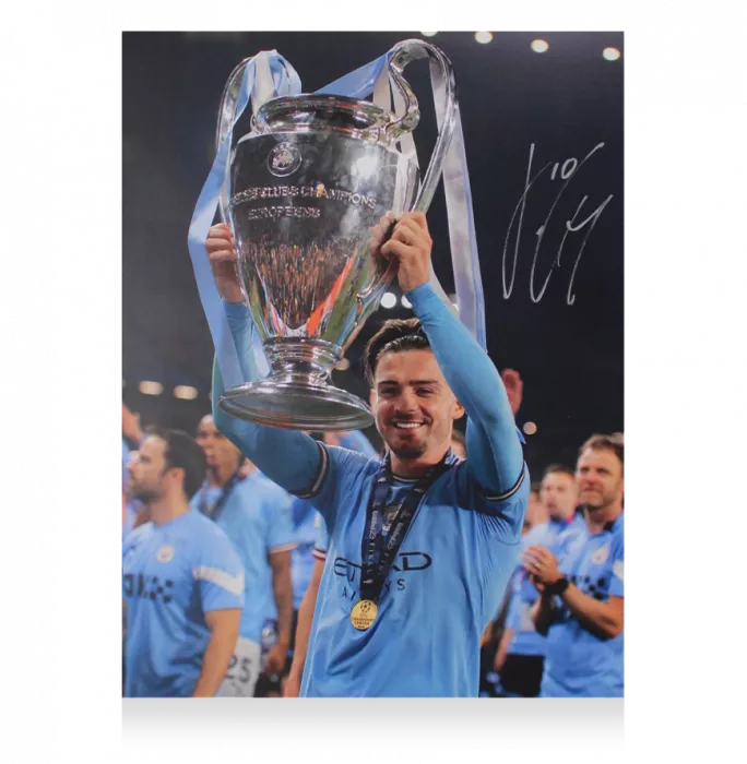 Jack Grealish Signed Manchester City Photo In Black Wooden Frame: UEFA Champions League Winner