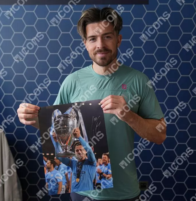 Jack Grealish Signed Manchester City Photo In Black Wooden Frame: UEFA Champions League Winner