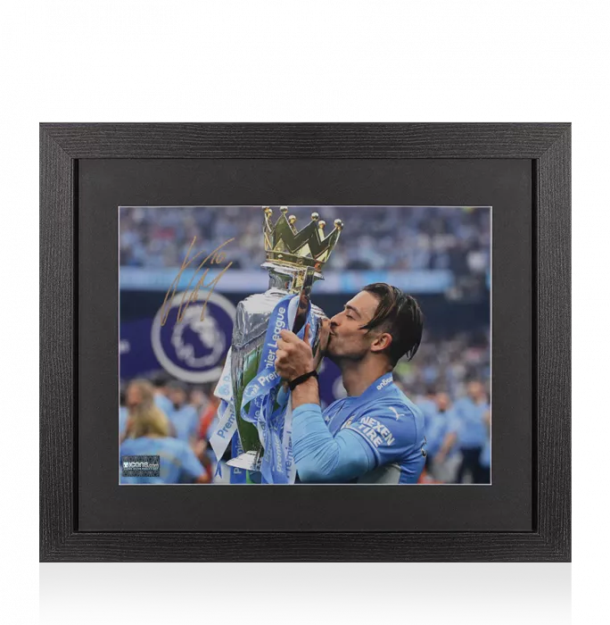 Jack Grealish Signed Manchester City Photo In Black Wooden Frame: Premier League Trophy