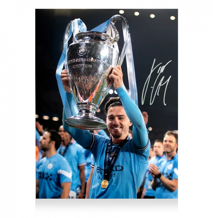 Jack Grealish Signed Manchester City Photo In Black Wooden Frame: 2023 UEFA Champions League Winner