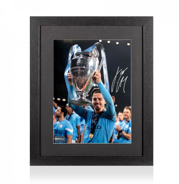 Jack Grealish Signed Manchester City Photo In Black Wooden Frame: 2023 UEFA Champions League Winner