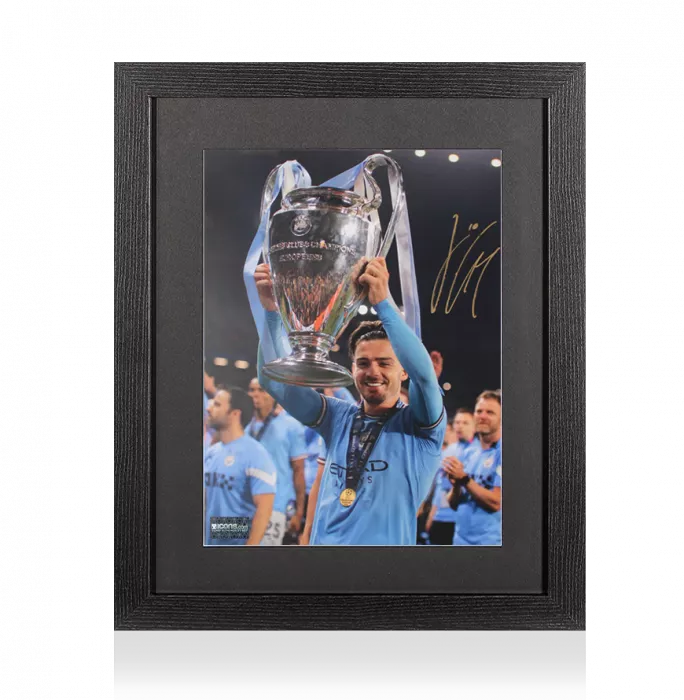 Jack Grealish Signed Manchester City Photo In Black Wooden Frame: UEFA Champions League Winner