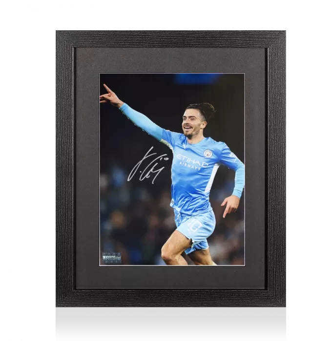 Jack Grealish Signed Manchester City Photo In Black Wooden Frame: UCL Goal vs RB Leipzig