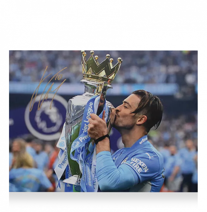 Jack Grealish Signed Manchester City Photo In Premium Photo Frame: Premier League Trophy