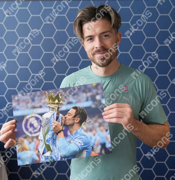 Jack Grealish Signed Manchester City Photo In Premium Photo Frame: Premier League Trophy