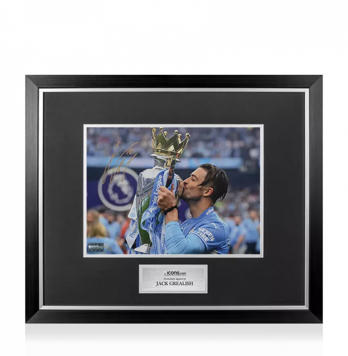 Jack Grealish Signed Manchester City Photo In Premium Photo Frame: Premier League Trophy