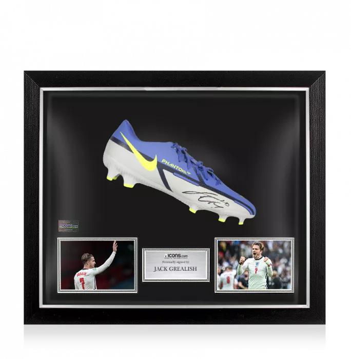 Jack Grealish Signed Purple and Grey Nike Phantom Boot In Bubble Frame: England Option